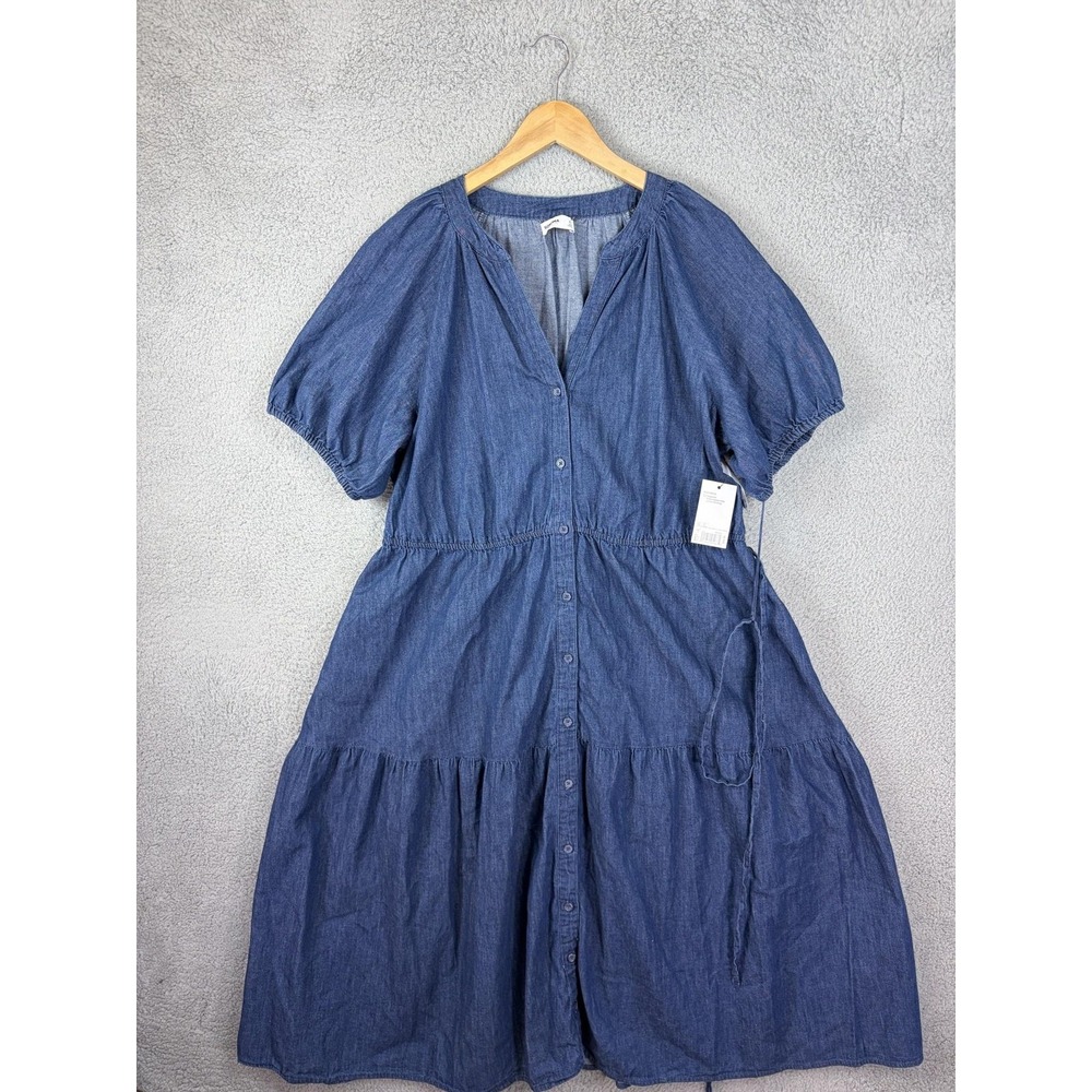 Sonoma Goods For Life Dress Womens XXL Blue Chambray Midi Puff Sleeve V Neck New